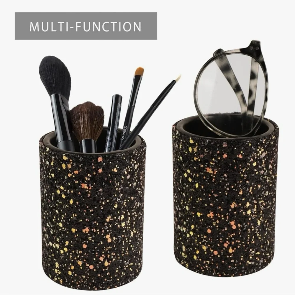 New! 2 Black Glitter PU Leather Holder for Makeup Brushes, Eyeglasses, Pens etc